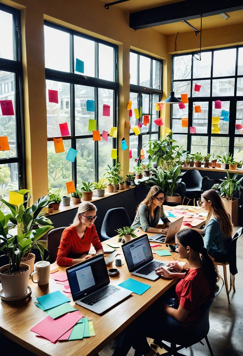 A vibrant startup workspace filled with colorful sticky notes, a bustling team of diverse professionals collaborating with laptops open, lively mood with coffee cups and plants around, sunlight streaming through large windows, symbolizing optimism and adventure. super-realistic. vibrant colors. bright and cheerful atmosphere.