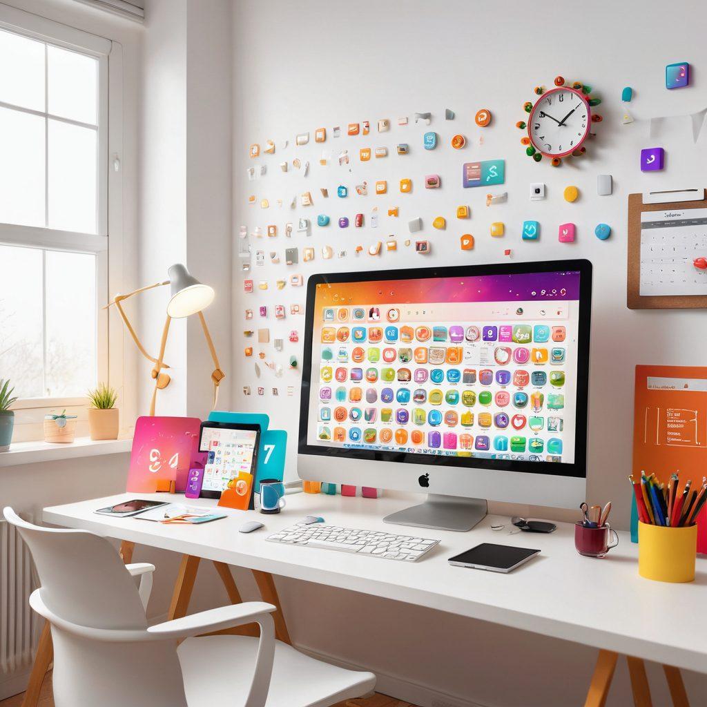 A vibrant workspace filled with colorful app launcher icons springing to life, surrounded by bursts of light and inspiration. An excited individual joyfully interacting with a glowing screen, showcasing their productivity tools. Background elements such as clocks, calendars, and mood boards adding to the atmosphere of creativity and efficiency. super-realistic. vibrant colors. white background.