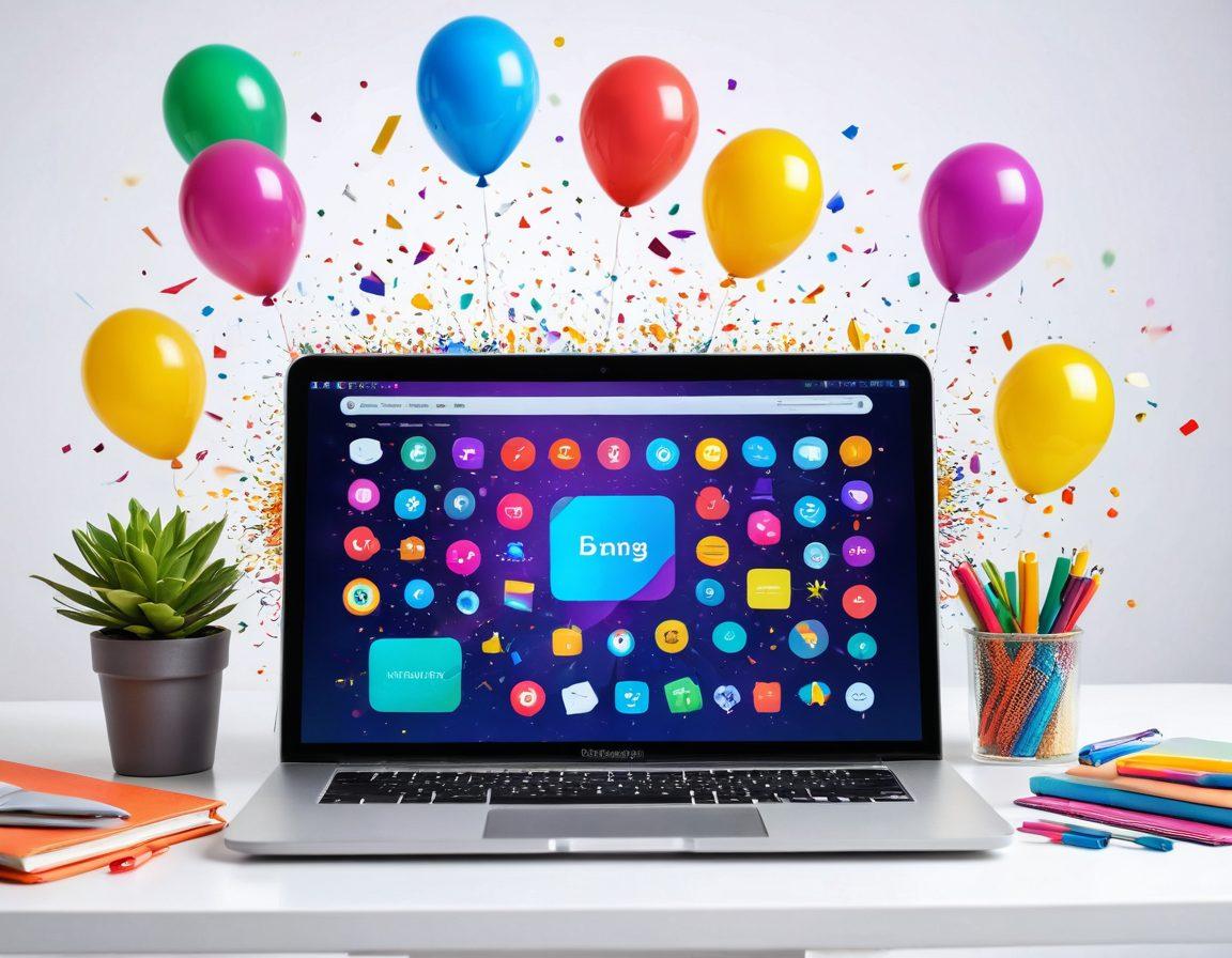 A dynamic workspace featuring an array of colorful, innovative app launchers on a sleek digital interface. Vibrant icons representing creativity and productivity burst from a glowing screen, surrounded by joyful elements like floating balloons and confetti. Bright colors and fun designs symbolize the thrill of a successful app launch, inspiring excitement and motivation. A modern laptop, cheerful plants, and notebooks hint at productivity and organization. super-realistic. vibrant colors. white background.